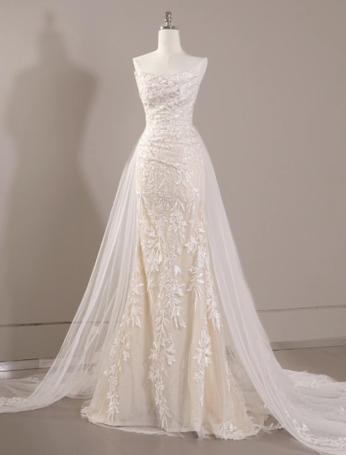 Vestido de fiesta largo de tul con encaje de sirena blanco, vestido de novia blanco ED01061