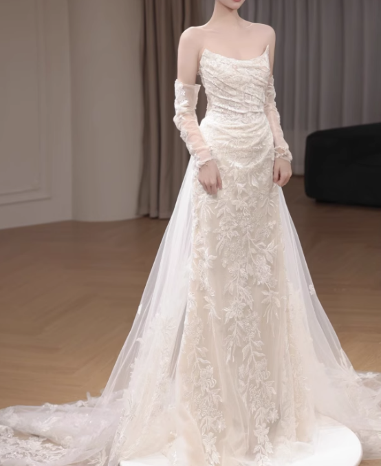 Vestido de fiesta largo de tul con encaje de sirena blanco, vestido de novia blanco ED01061