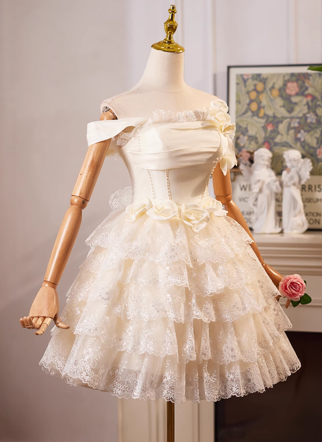 Vestido de fiesta corto de satén con tul y encaje, corte A, hombros descubiertos, color champán, vestido de cumpleaños color champán ED01069