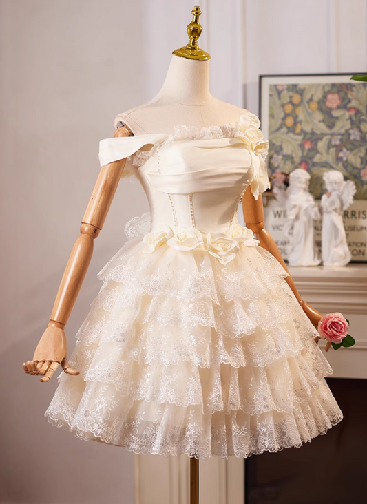 Vestido de fiesta corto de satén con tul y encaje, corte A, hombros descubiertos, color champán, vestido de cumpleaños color champán ED01069