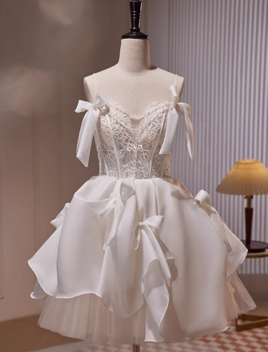 Vestido de fiesta corto de tul con tirantes finos, corte en A, color blanco roto, vestido de fiesta de bienvenida, vestido de cumpleaños ED1072