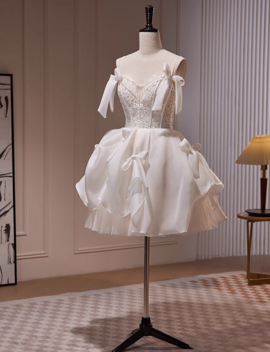 Vestido de fiesta corto de tul con tirantes finos, corte en A, color blanco roto, vestido de fiesta de bienvenida, vestido de cumpleaños ED1072