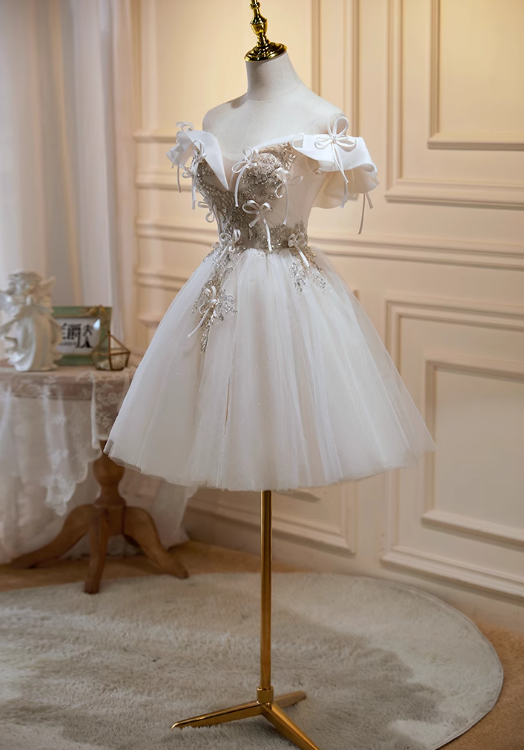 Vestido de fiesta corto de tul con lentejuelas y hombros descubiertos, corte en A, color blanco roto, vestido de fiesta de bienvenida y cumpleaños, color blanco roto, ED1074