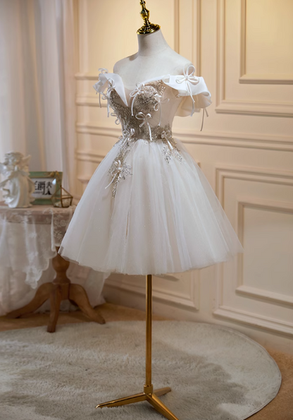 Vestido de fiesta corto de tul con lentejuelas y hombros descubiertos, corte en A, color blanco roto, vestido de fiesta de bienvenida y cumpleaños, color blanco roto, ED1074