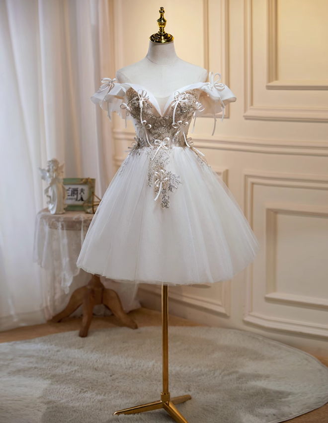 Vestido de fiesta corto de tul con lentejuelas y hombros descubiertos, corte en A, color blanco roto, vestido de fiesta de bienvenida y cumpleaños, color blanco roto, ED1074