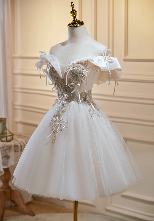 Vestido de fiesta corto de tul con lentejuelas y hombros descubiertos, corte en A, color blanco roto, vestido de fiesta de bienvenida y cumpleaños, color blanco roto, ED1074
