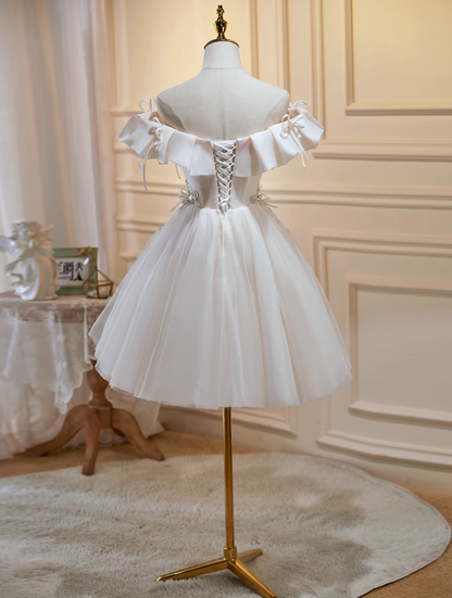 Vestido de fiesta corto de tul con lentejuelas y hombros descubiertos, corte en A, color blanco roto, vestido de fiesta de bienvenida y cumpleaños, color blanco roto, ED1074