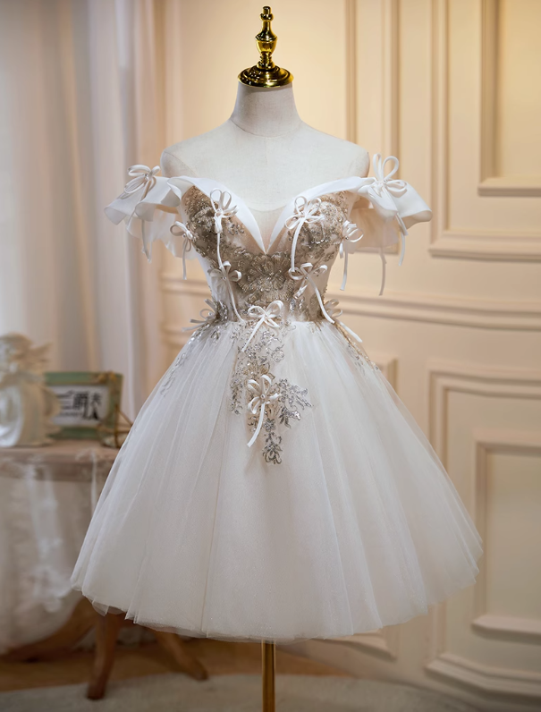 Vestido de fiesta corto de tul con lentejuelas y hombros descubiertos, corte en A, color blanco roto, vestido de fiesta de bienvenida y cumpleaños, color blanco roto, ED1074