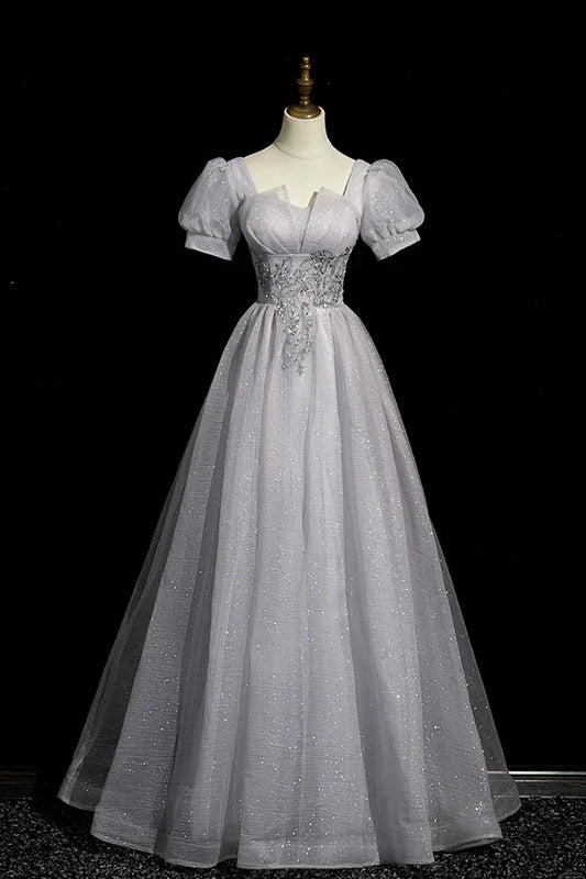 Vestido de fiesta largo de tul gris con cuentas, corte A, manga corta, ED01096
