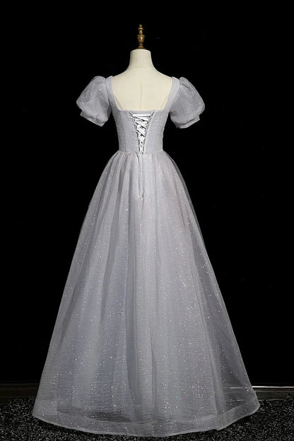 Vestido de fiesta largo de tul gris con cuentas, corte A, manga corta, ED01096