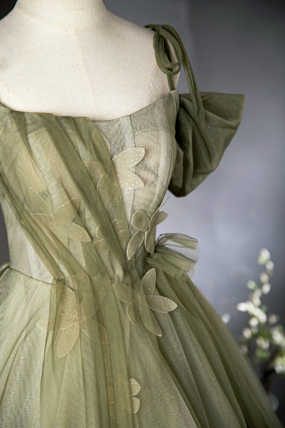 Vestido de fiesta largo de tul verde corte A, vestido de dama de honor verde ED01099