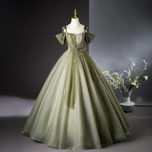 Vestido de fiesta largo de tul verde corte A, vestido de dama de honor verde ED01099