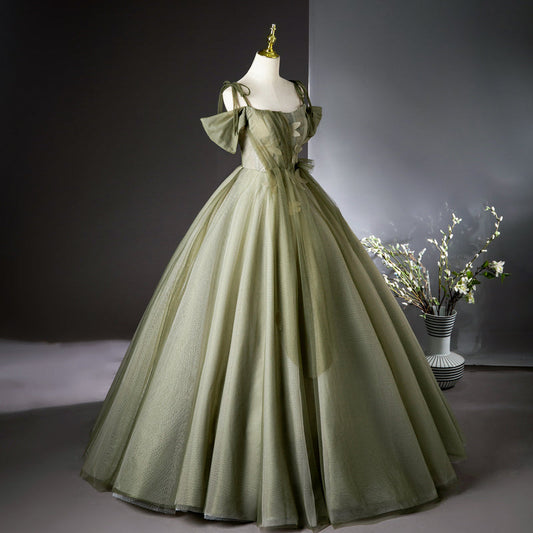 Vestido de fiesta largo de tul verde corte A, vestido de dama de honor verde ED01099