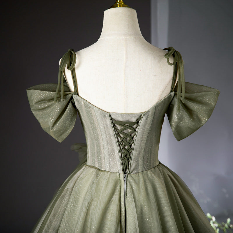 Vestido de fiesta largo de tul verde corte A, vestido de dama de honor verde ED01099