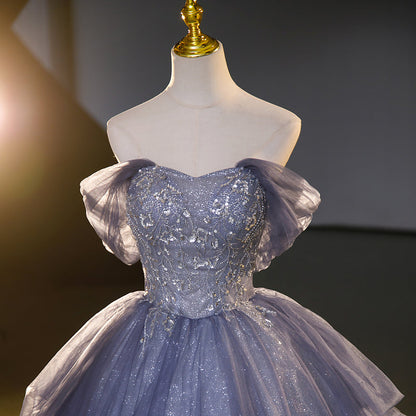 A-line strapless tulle sequin long prom dress, evening dress ED01101