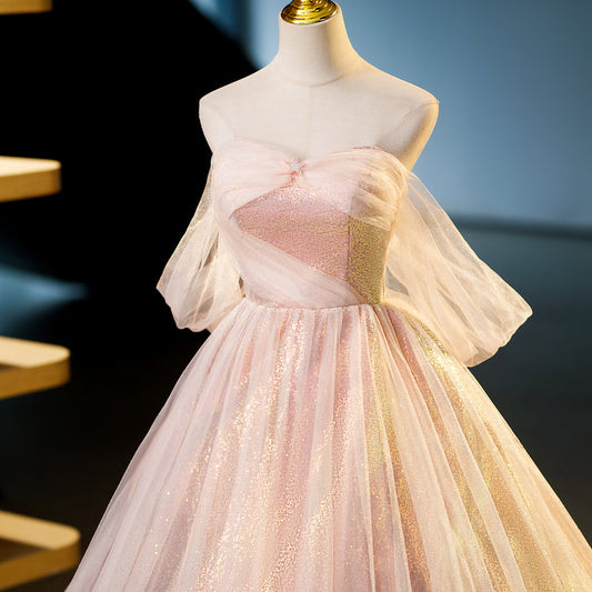 Vestido de fiesta largo de tul con lentejuelas y escote corazón en rosa, corte A, vestido de noche rosa ED01103
