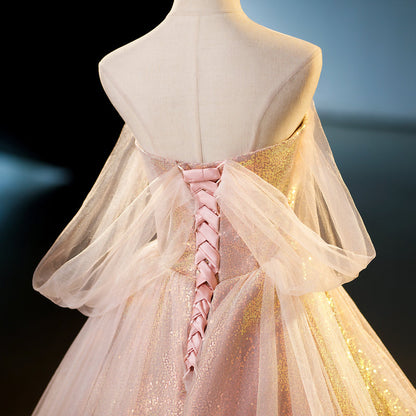 Vestido de fiesta largo de tul con lentejuelas y escote corazón en rosa, corte A, vestido de noche rosa ED01103