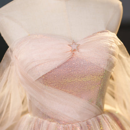 Vestido de fiesta largo de tul con lentejuelas y escote corazón en rosa, corte A, vestido de noche rosa ED01103