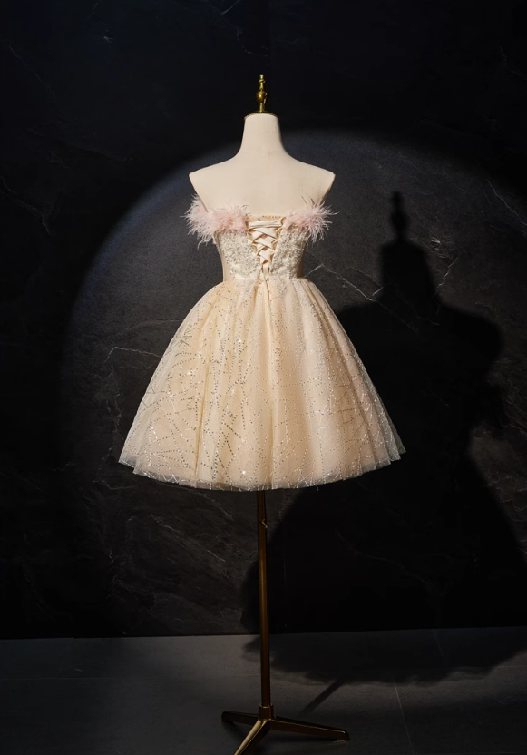 Vestido de fiesta corto de tul con lentejuelas y corte en A color champán, vestido de quinceañera color champán ED01105