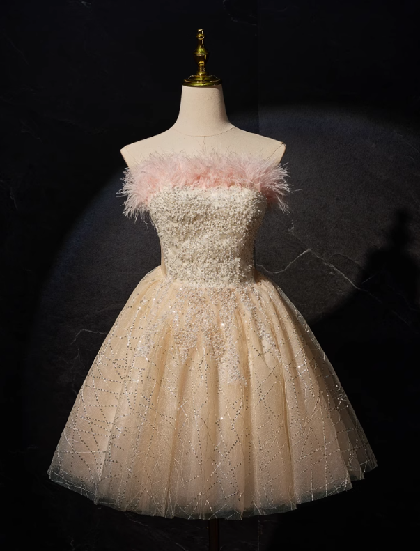 Vestido de fiesta corto de tul con lentejuelas y corte en A color champán, vestido de quinceañera color champán ED01105