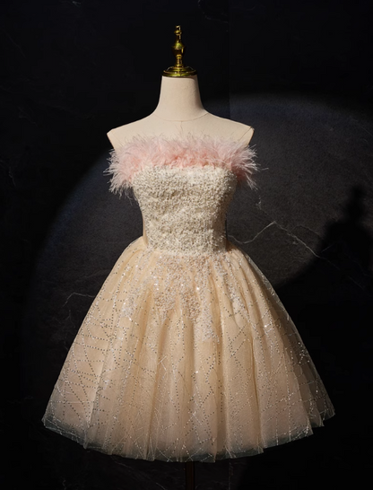 Vestido de fiesta corto de tul con lentejuelas y corte en A color champán, vestido de quinceañera color champán ED01105