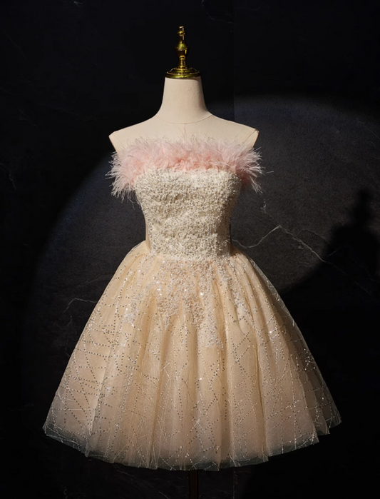 Vestido de fiesta corto de tul con lentejuelas y corte en A color champán, vestido de quinceañera color champán ED01105