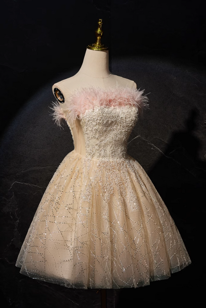 Vestido de fiesta corto de tul con lentejuelas y corte en A color champán, vestido de quinceañera color champán ED01105