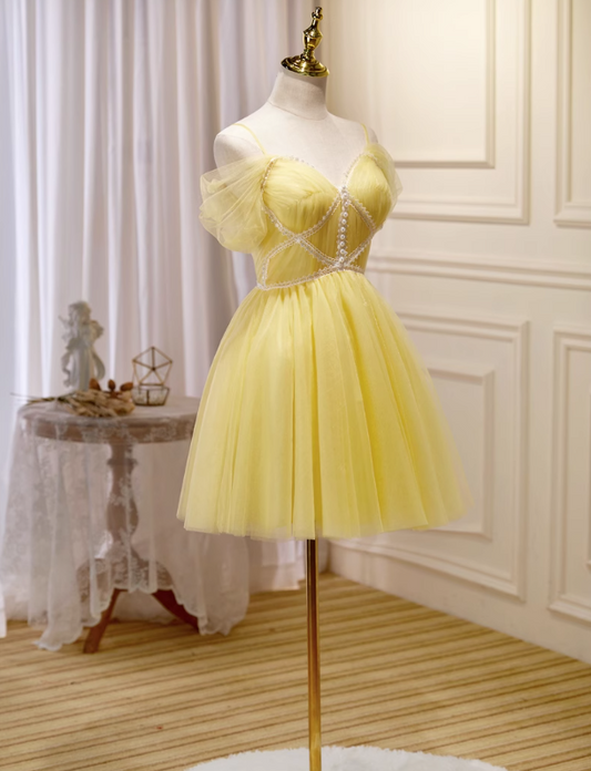 Vestido de fiesta corto amarillo de tul con encaje en forma de A, vestido de fiesta amarillo ED01106