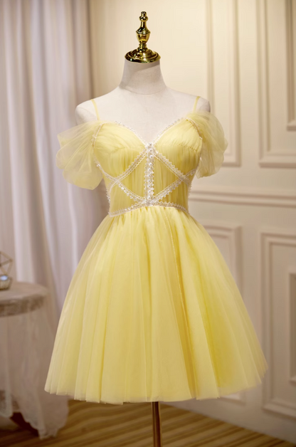 Yellow A-line tulle lace short prom dress, yellow homecoming dress ED01106