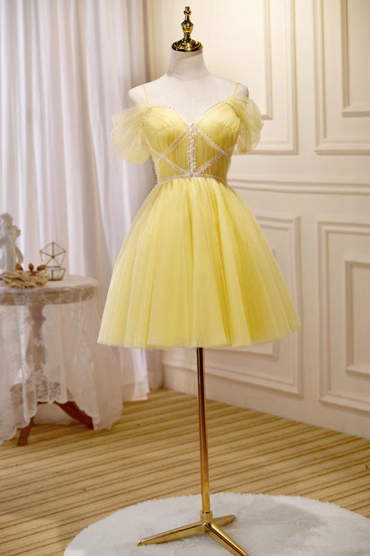 Vestido de fiesta corto amarillo de tul con encaje en forma de A, vestido de fiesta amarillo ED01106