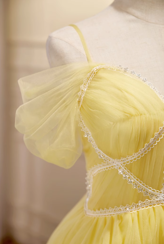 Yellow A-line tulle lace short prom dress, yellow homecoming dress ED01106