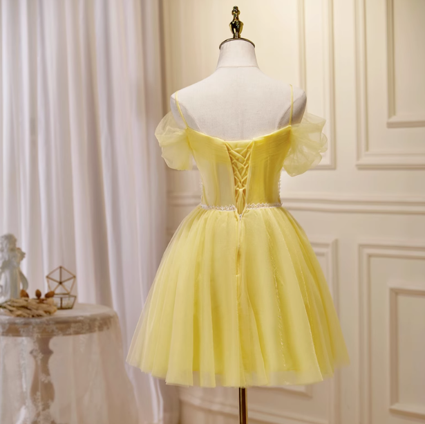 Yellow A-line tulle lace short prom dress, yellow homecoming dress ED01106