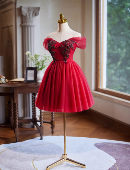 Vestido de fiesta corto de tul rojo con corte en A, vestido de dama de honor rojo ED01108