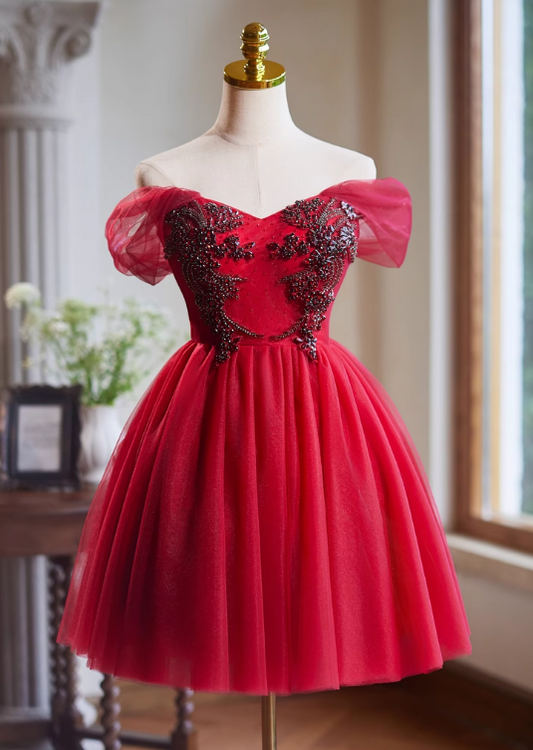 Vestido de fiesta corto de tul rojo con corte en A, vestido de dama de honor rojo ED01108