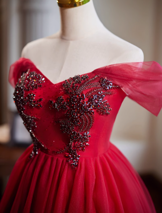 Vestido de fiesta corto de tul rojo con corte en A, vestido de dama de honor rojo ED01108