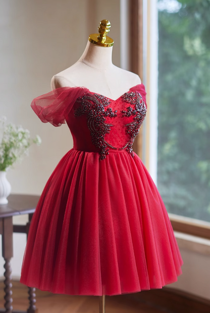 Vestido de fiesta corto de tul rojo con corte en A, vestido de dama de honor rojo ED01108