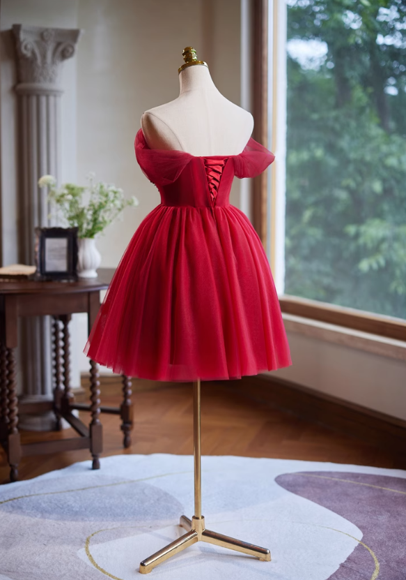 Vestido de fiesta corto de tul rojo con corte en A, vestido de dama de honor rojo ED01108