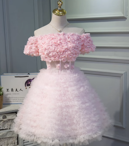 Vestido de fiesta corto de tul rosa con corte en A y hombros descubiertos, vestido de dama de honor rosa ED01109