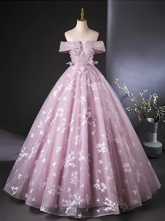 Vestido de fiesta largo rosa con encaje y tul, corte A y hombros descubiertos, vestido formal largo rosa ED01110