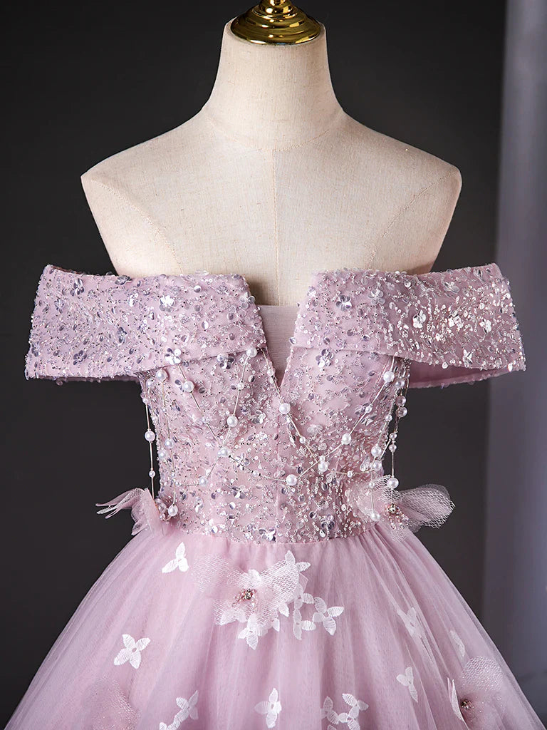 Vestido de fiesta largo rosa con encaje y tul, corte A y hombros descubiertos, vestido formal largo rosa ED01110