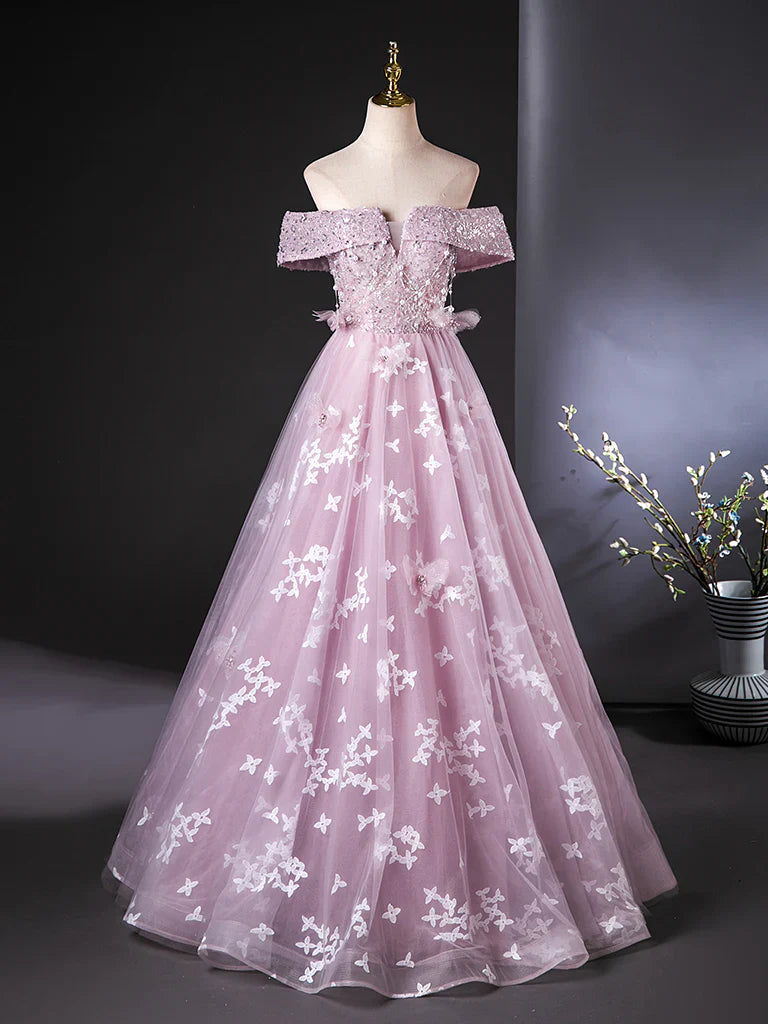Vestido de fiesta largo rosa con encaje y tul, corte A y hombros descubiertos, vestido formal largo rosa ED01110