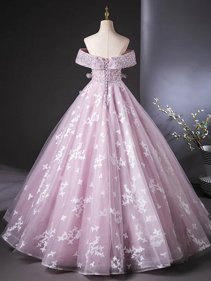 Vestido de fiesta largo rosa con encaje y tul, corte A y hombros descubiertos, vestido formal largo rosa ED01110