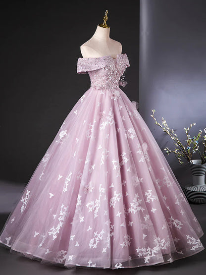 Vestido de fiesta largo rosa con encaje y tul, corte A y hombros descubiertos, vestido formal largo rosa ED01110