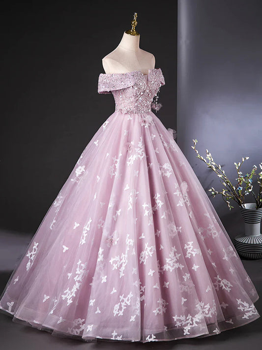 Vestido de fiesta largo rosa con encaje y tul, corte A y hombros descubiertos, vestido formal largo rosa ED01110