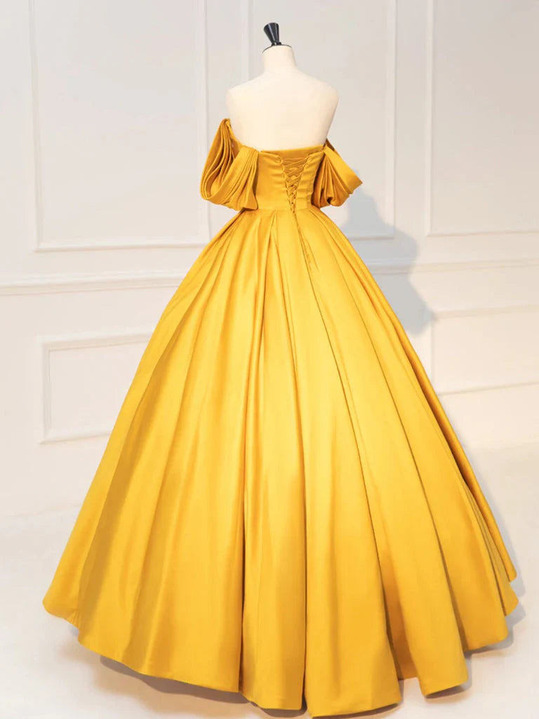 Vestido de fiesta largo amarillo de satén con hombros descubiertos y corte en A, vestido formal largo amarillo ED01112
