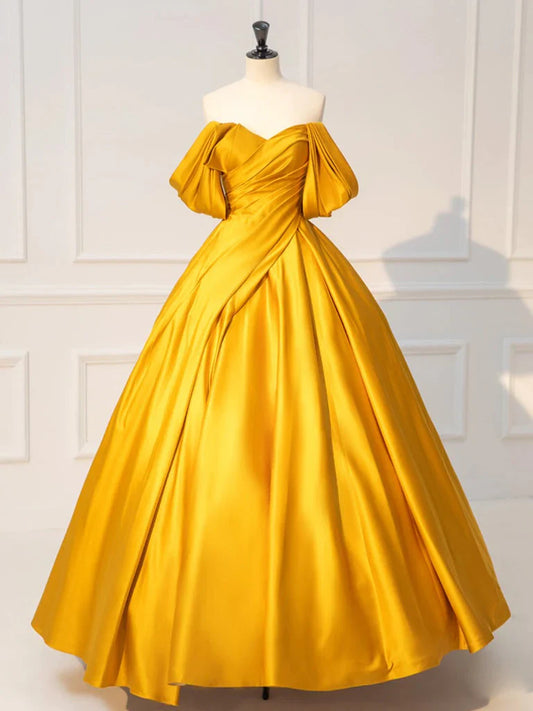 Vestido de fiesta largo amarillo de satén con hombros descubiertos y corte en A, vestido formal largo amarillo ED01112