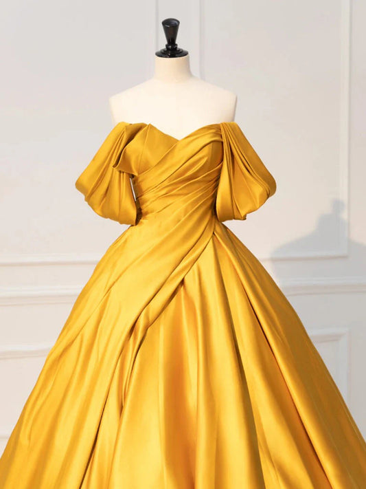 Vestido de fiesta largo amarillo de satén con hombros descubiertos y corte en A, vestido formal largo amarillo ED01112
