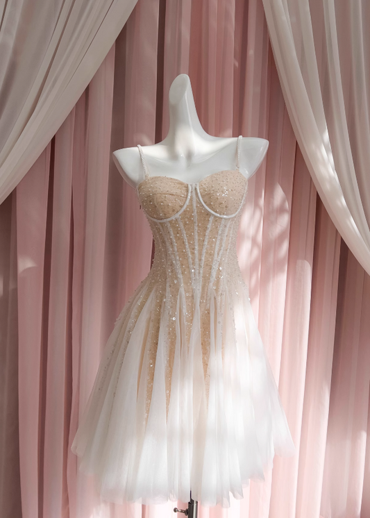 Vestido de fiesta de cumpleaños con lentejuelas y tul color champán ED01113