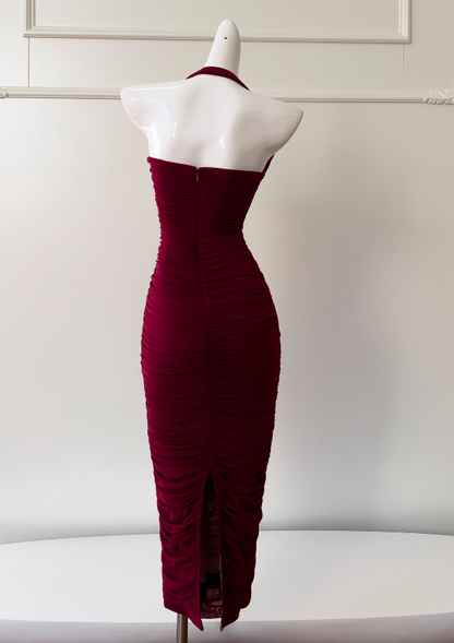 Vestido burdeos ajustado con cuello halter, vestido de noche, vestido de cumpleaños ED01114