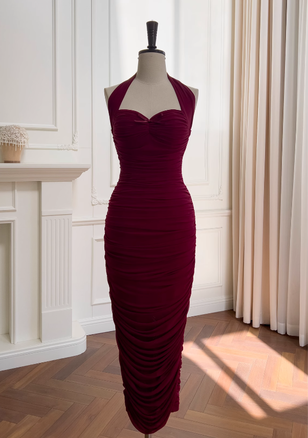 Vestido burdeos ajustado con cuello halter, vestido de noche, vestido de cumpleaños ED01114